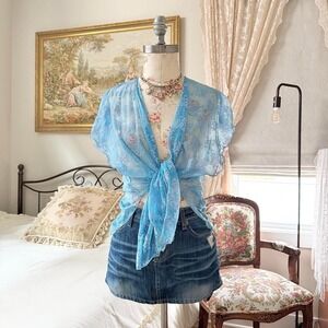 70s Frederick's of Hollywood large blue lace tie front bed jacket